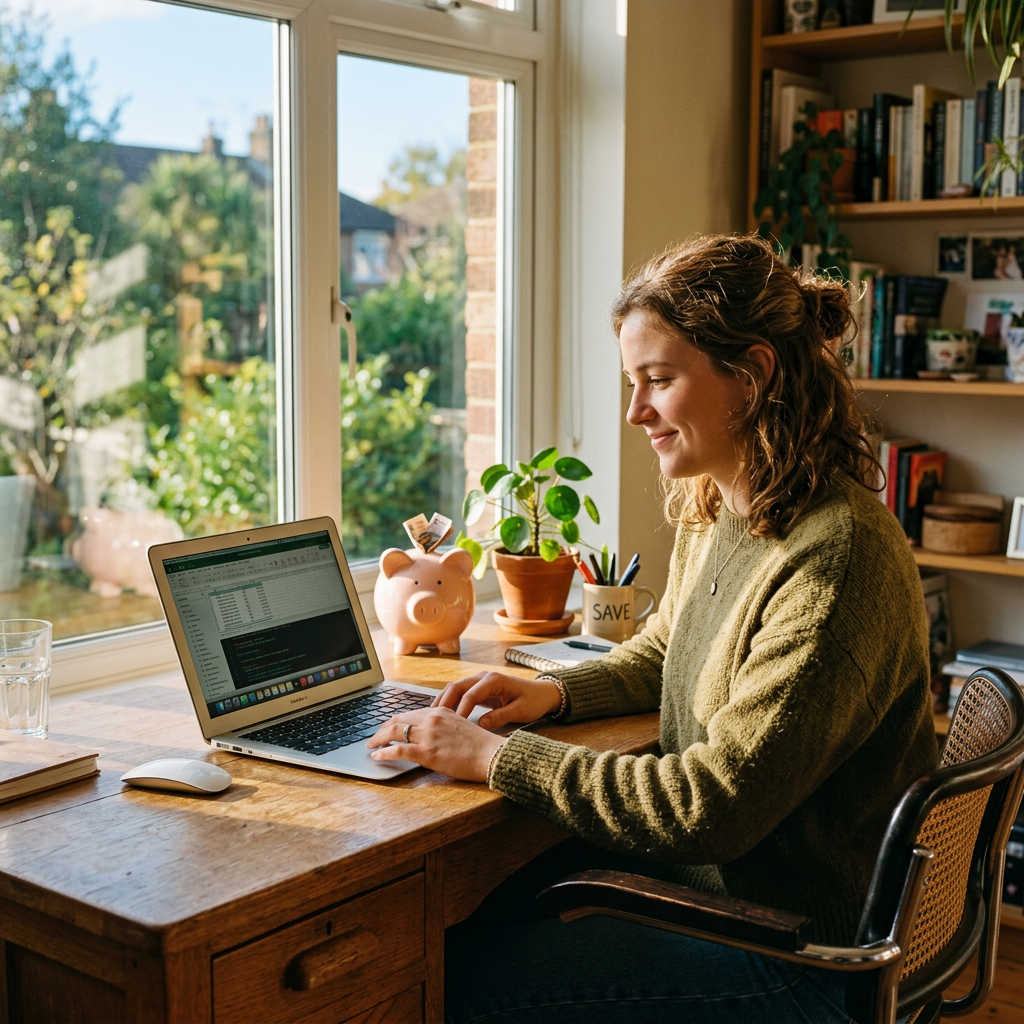 Woman using laptop at wooden desk with piggy bank and plant near window