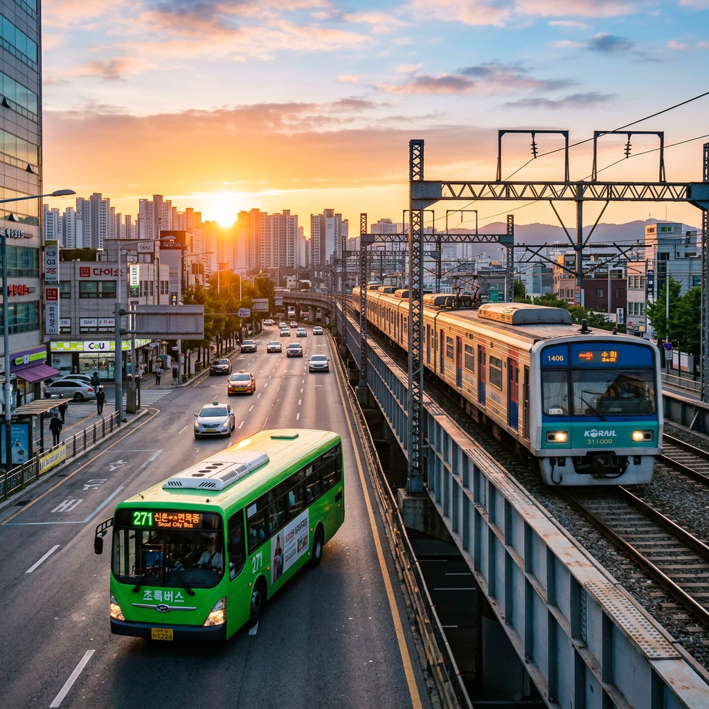 Green city bus on road and blue Korail train on elevated rails in Seoul at sunset