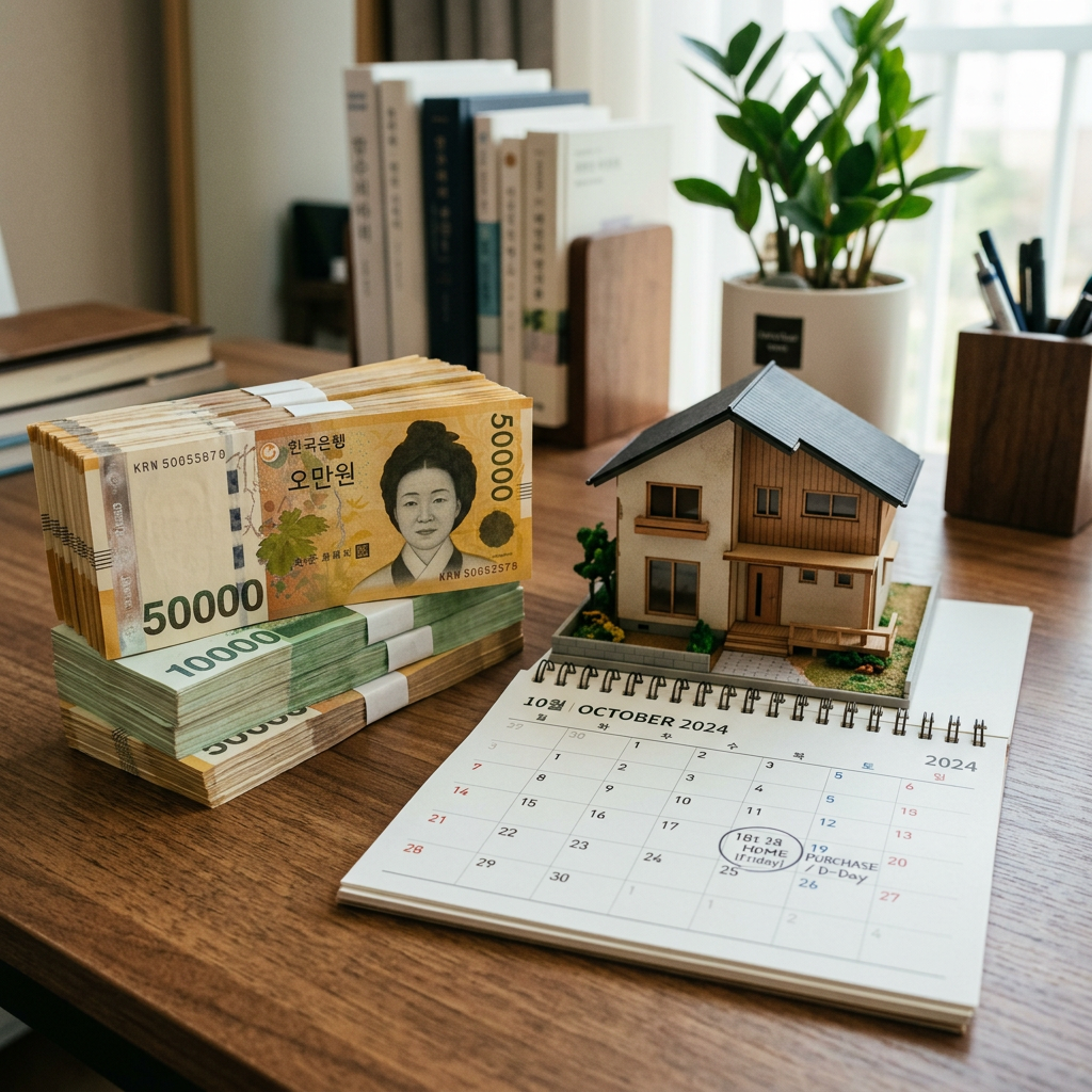 Stacks of Korean won bills beside a miniature house model and an October 2024 calendar marked with a home purchase date