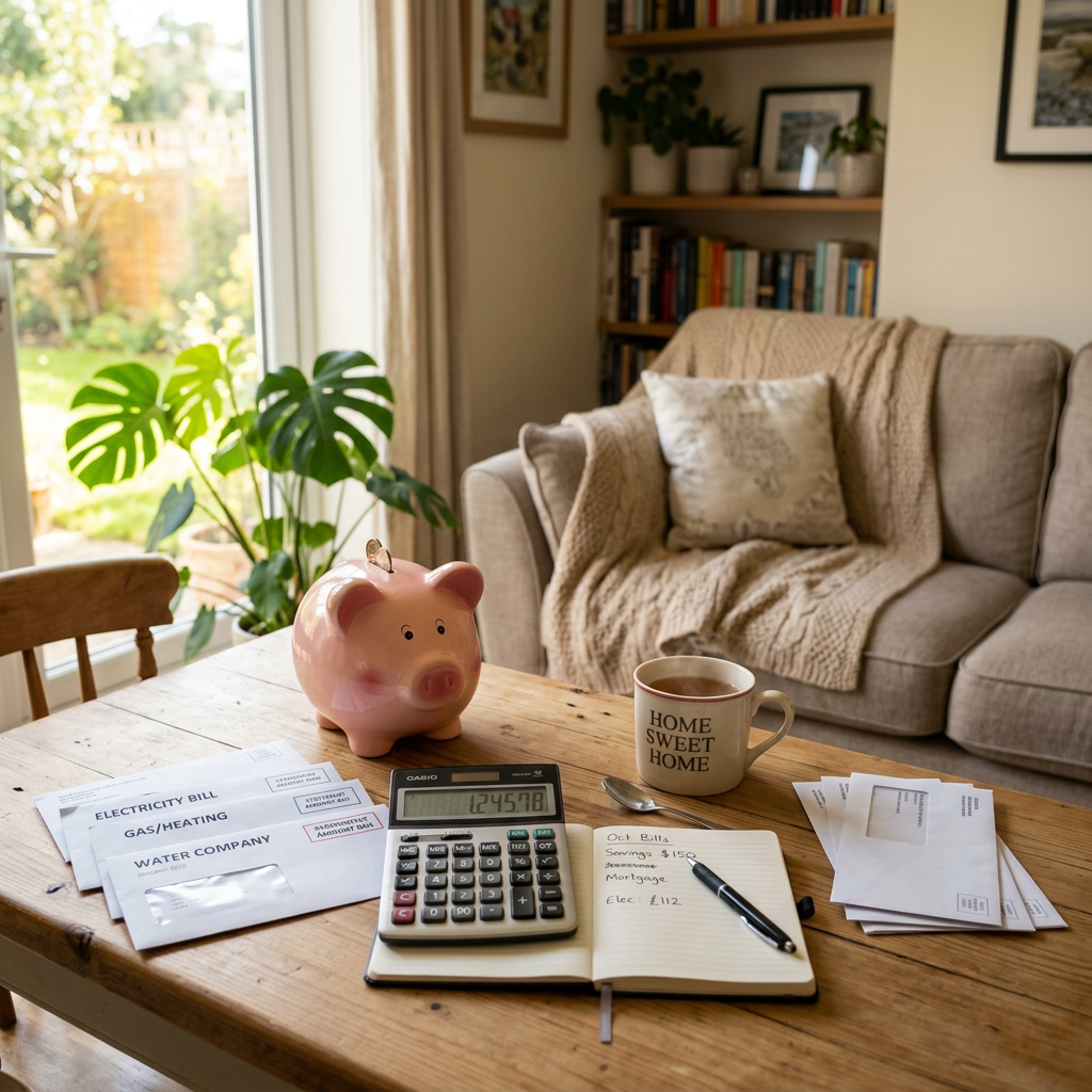 Wooden table with electricity, gas, and water bills, a pink piggy bank, a calculator, open notebook with budget notes, and a mug reading 'HOME SWEET HOME'