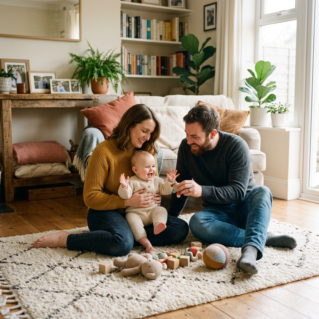Parents sitting on floor playing with baby surrounded by toys in living room