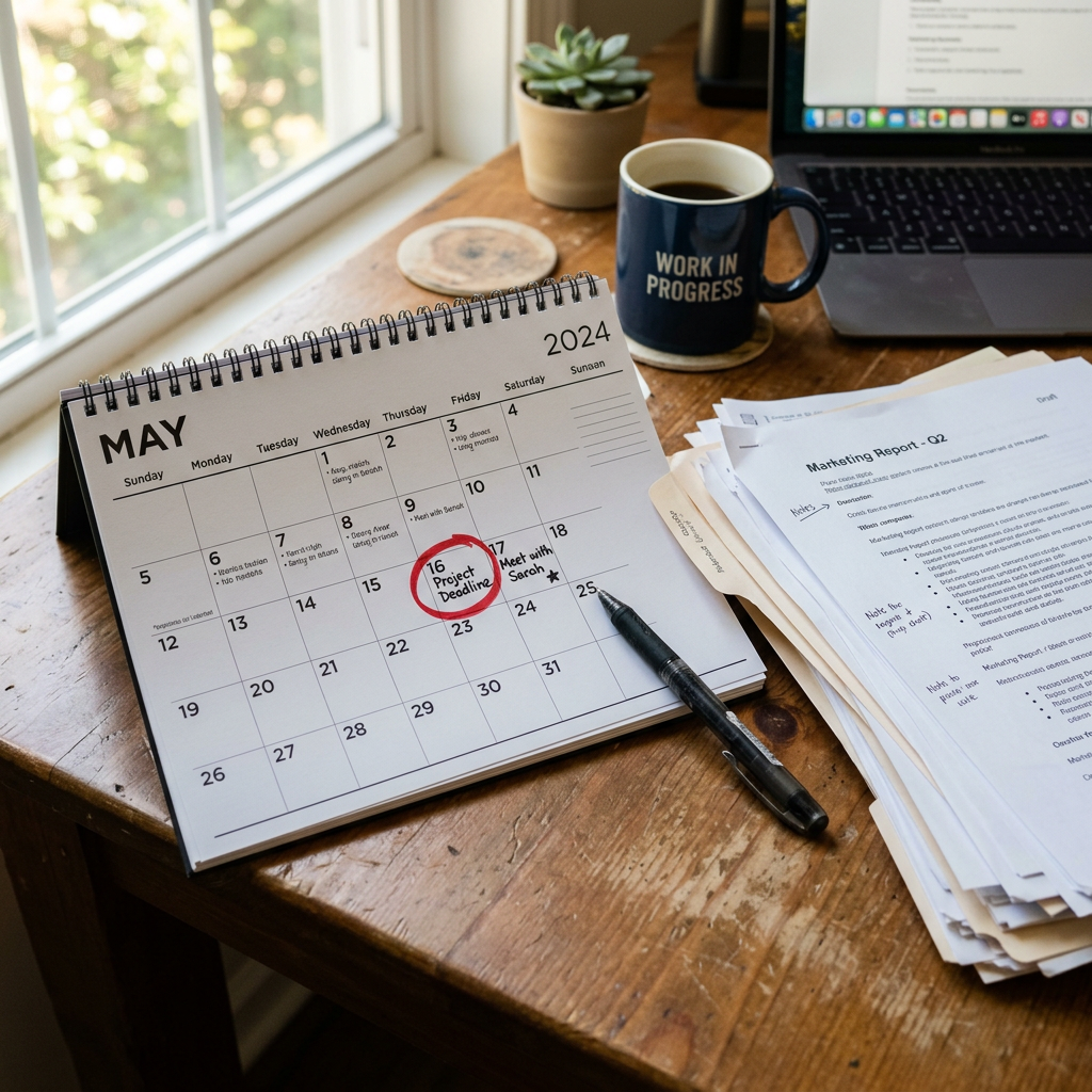 Desk with May 2024 calendar open, project deadline circled, black pen, coffee mug labeled 'Work in Progress', laptop, and marketing report documents