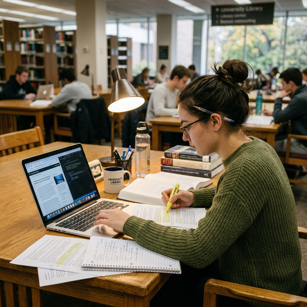 Student highlighting notes at a library table with laptop, books, and papers