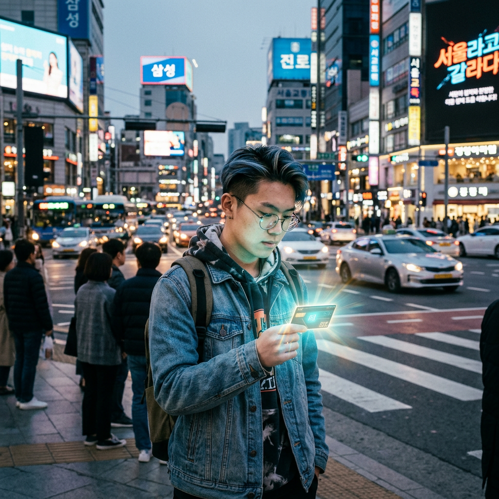 Young man holding a glowing digital card in a busy city street at dusk