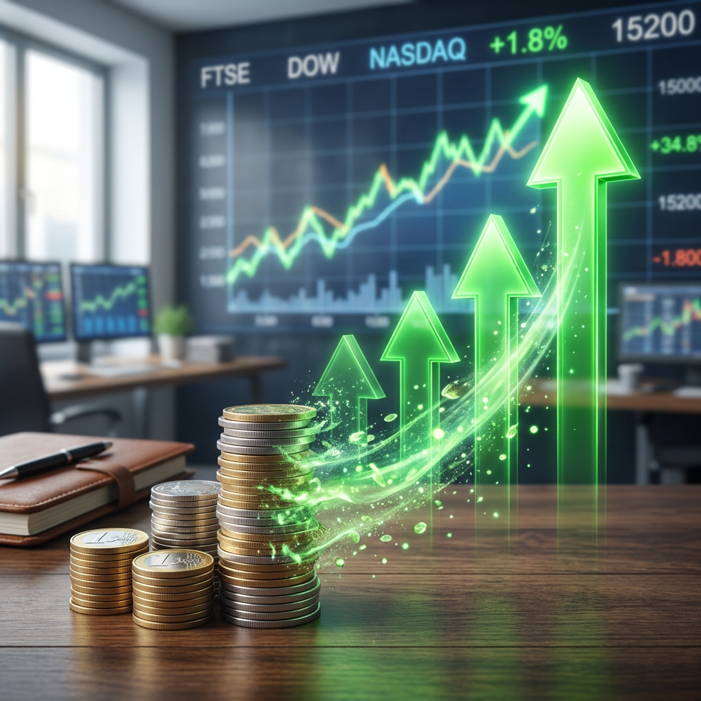 Stacks of coins with rising green arrows and stock market charts in background