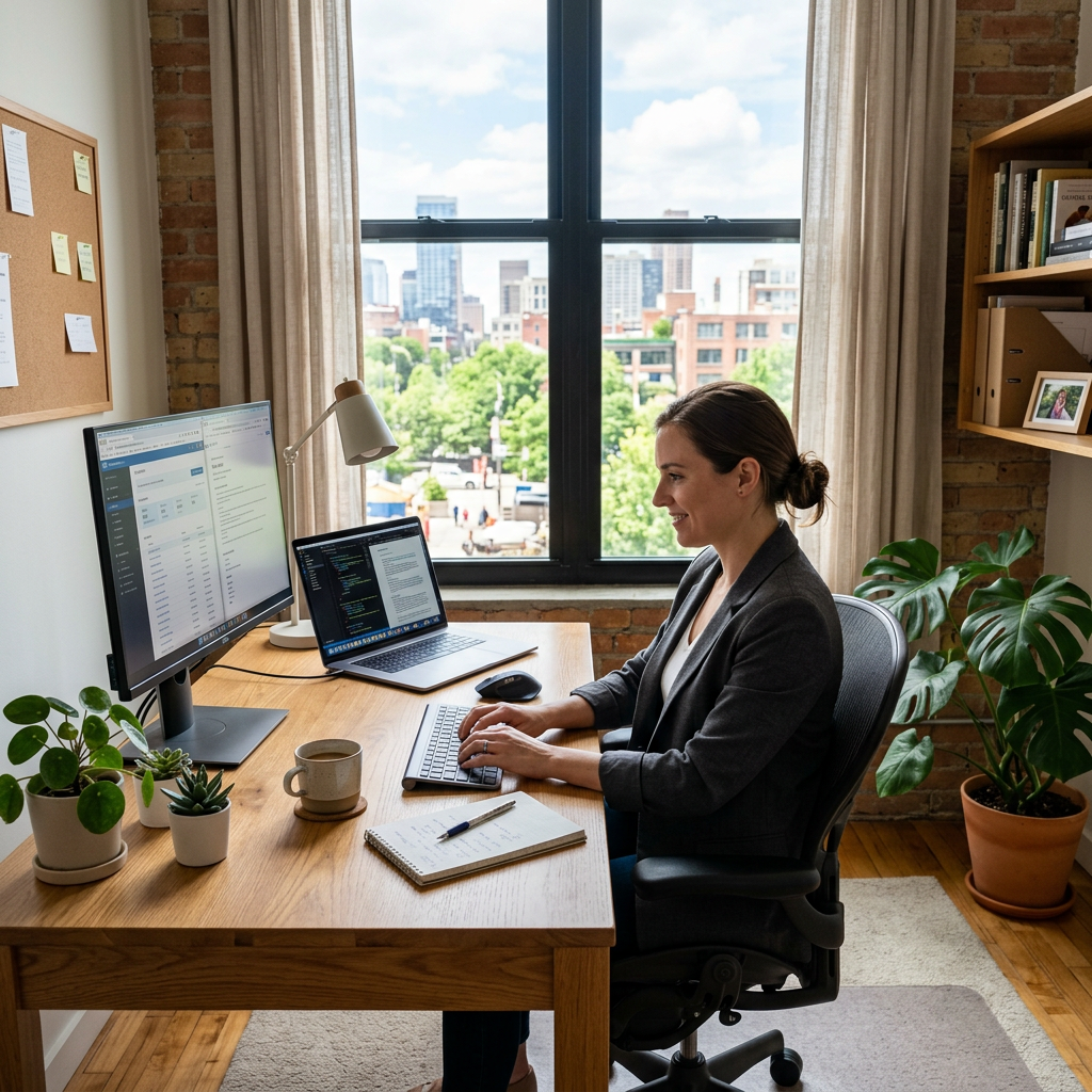 Woman working at desk with laptop and large monitor in bright home office