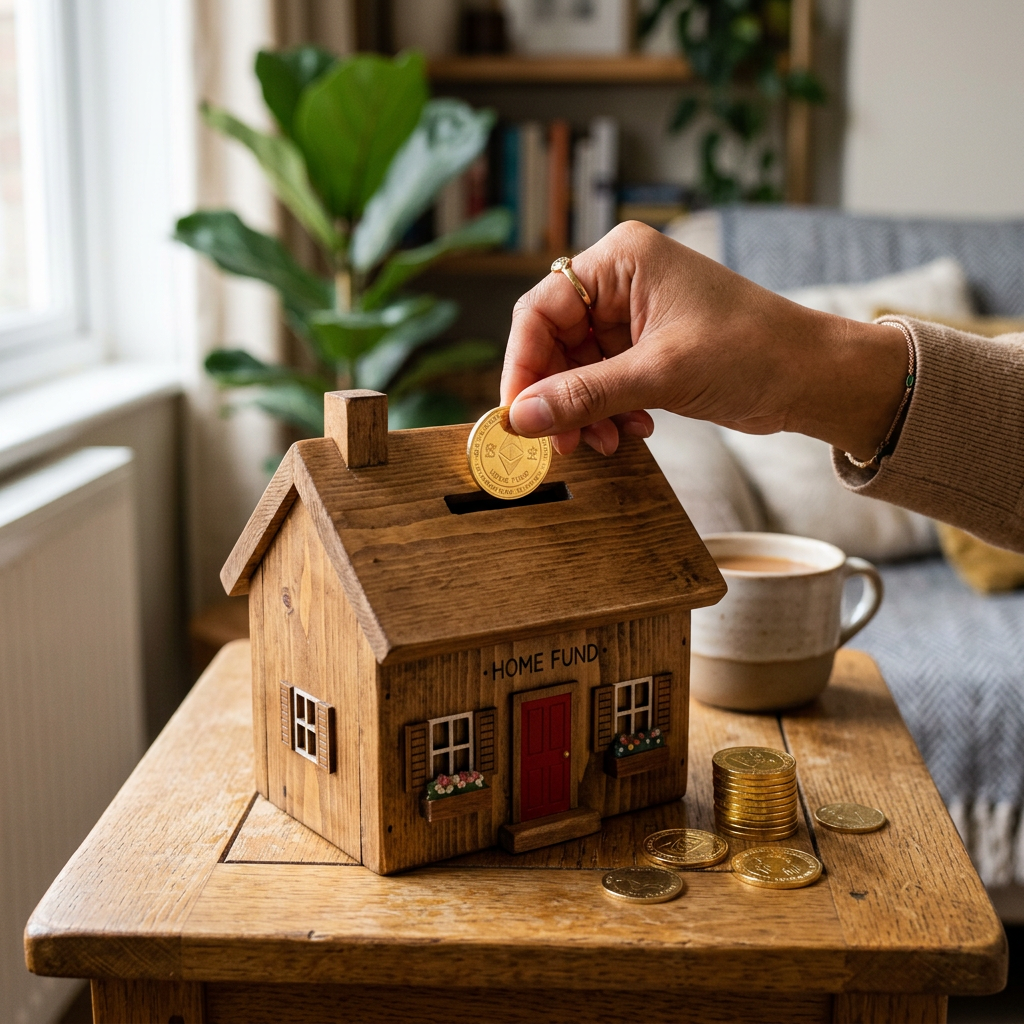 Hand putting coin into wooden house-shaped piggy bank labeled Home Fund on table