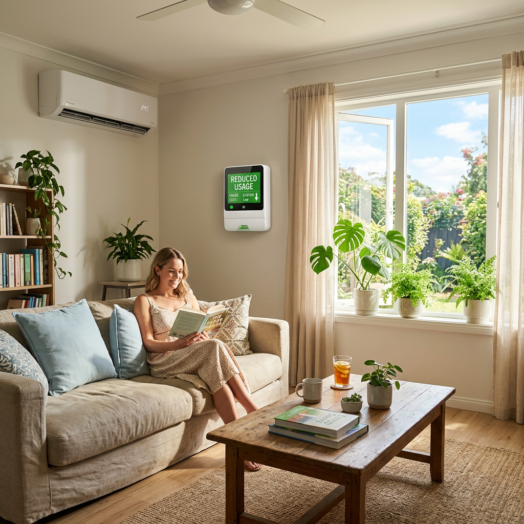 Living room with woman reading on couch and energy monitor displaying reduced usage