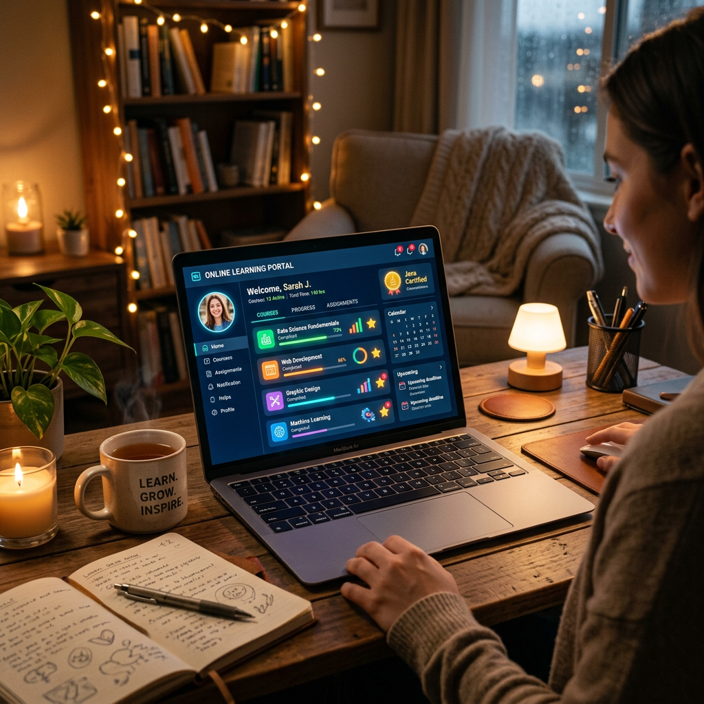 Person using laptop showing online learning portal with courses and progress