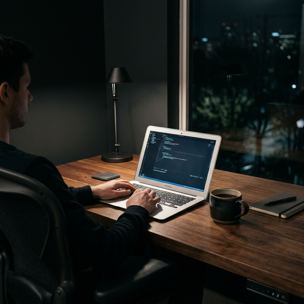 Person typing code on a laptop at a wooden desk during nighttime
