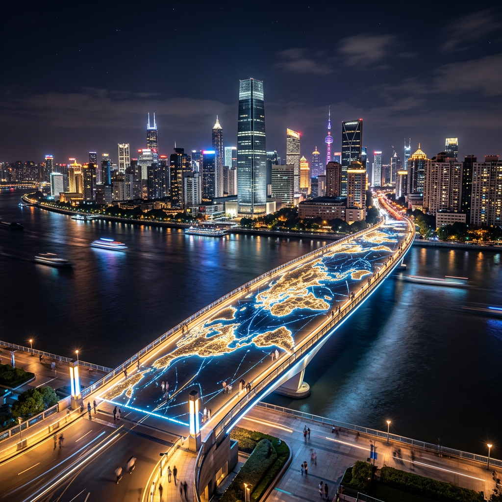Night cityscape featuring a brightly lit bridge displaying an illuminated world map