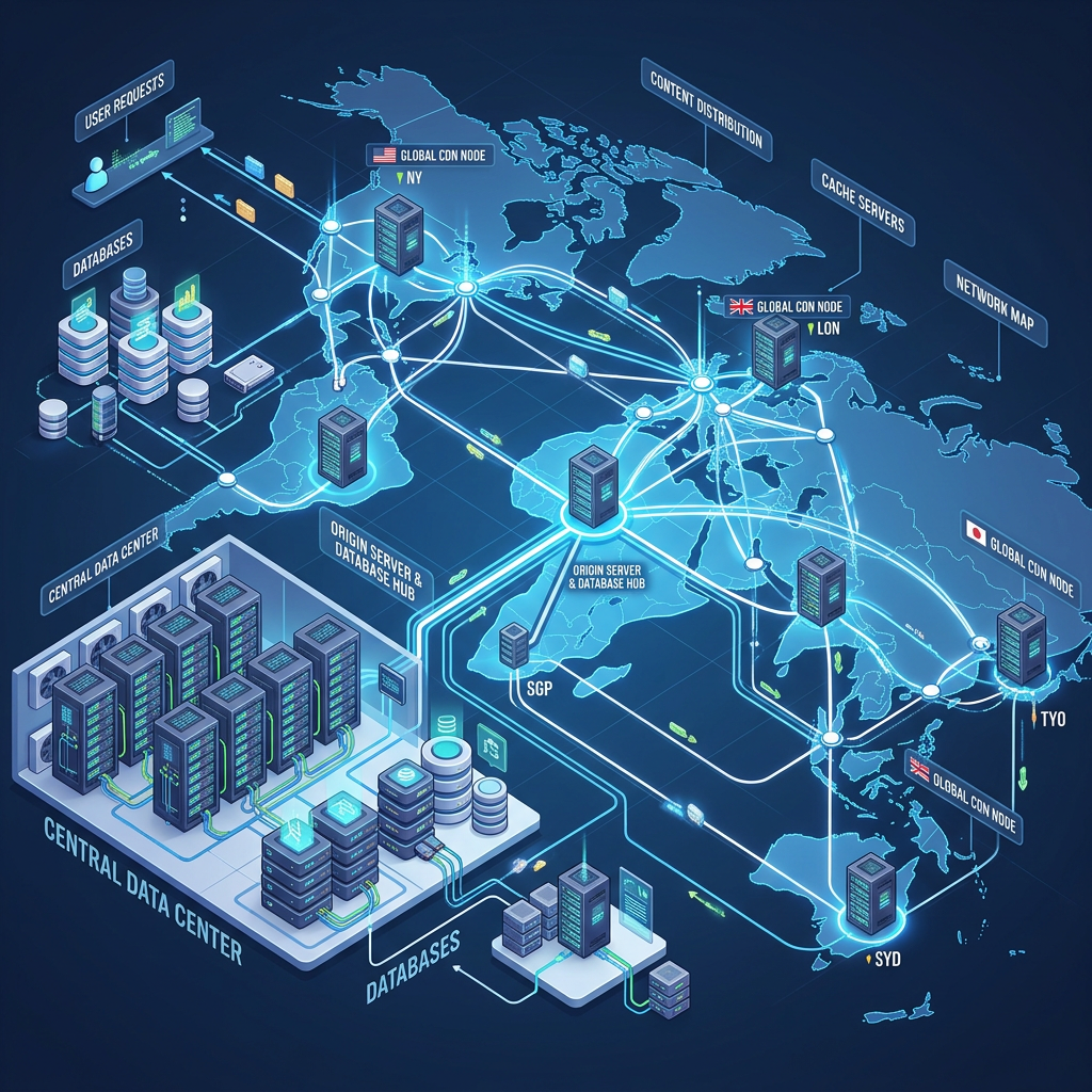 Map showing global content delivery network with central data center and server nodes in NY, LON, TYO, SGP, SYD